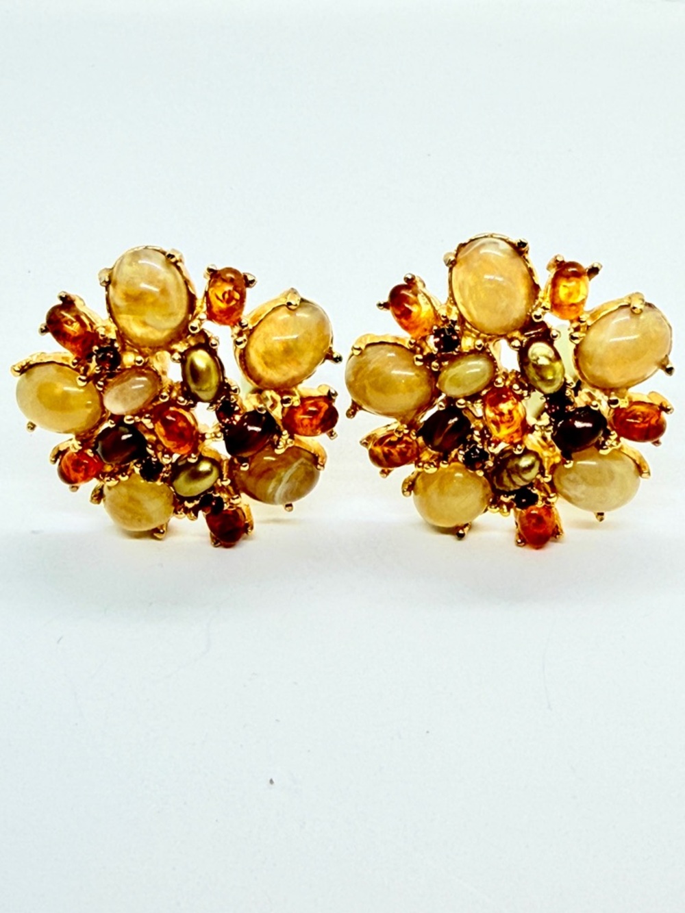 RARE CINER SIGNED GOLD TONE AMBER STONES AUTUMN PALETTE CLIP ON EARRINGS VINTAGE
